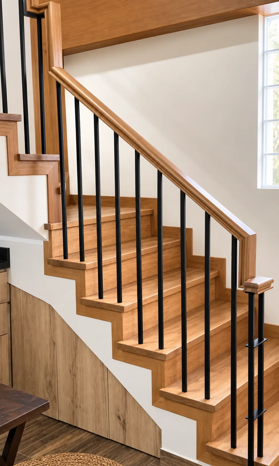 Escalera de madera con estructura metálica negra